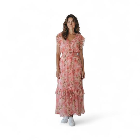MISA Kidada Sleeveless Tiered-ruffle Chiffon Midi Dress In Pink - Picture 1 of 7